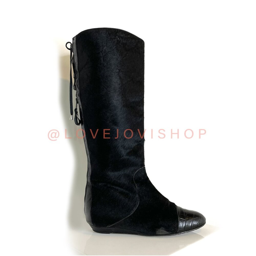 Vintage 80s | Made in Italy Black Auth Calfhair Corseted Tall Boot w Wide Shaft